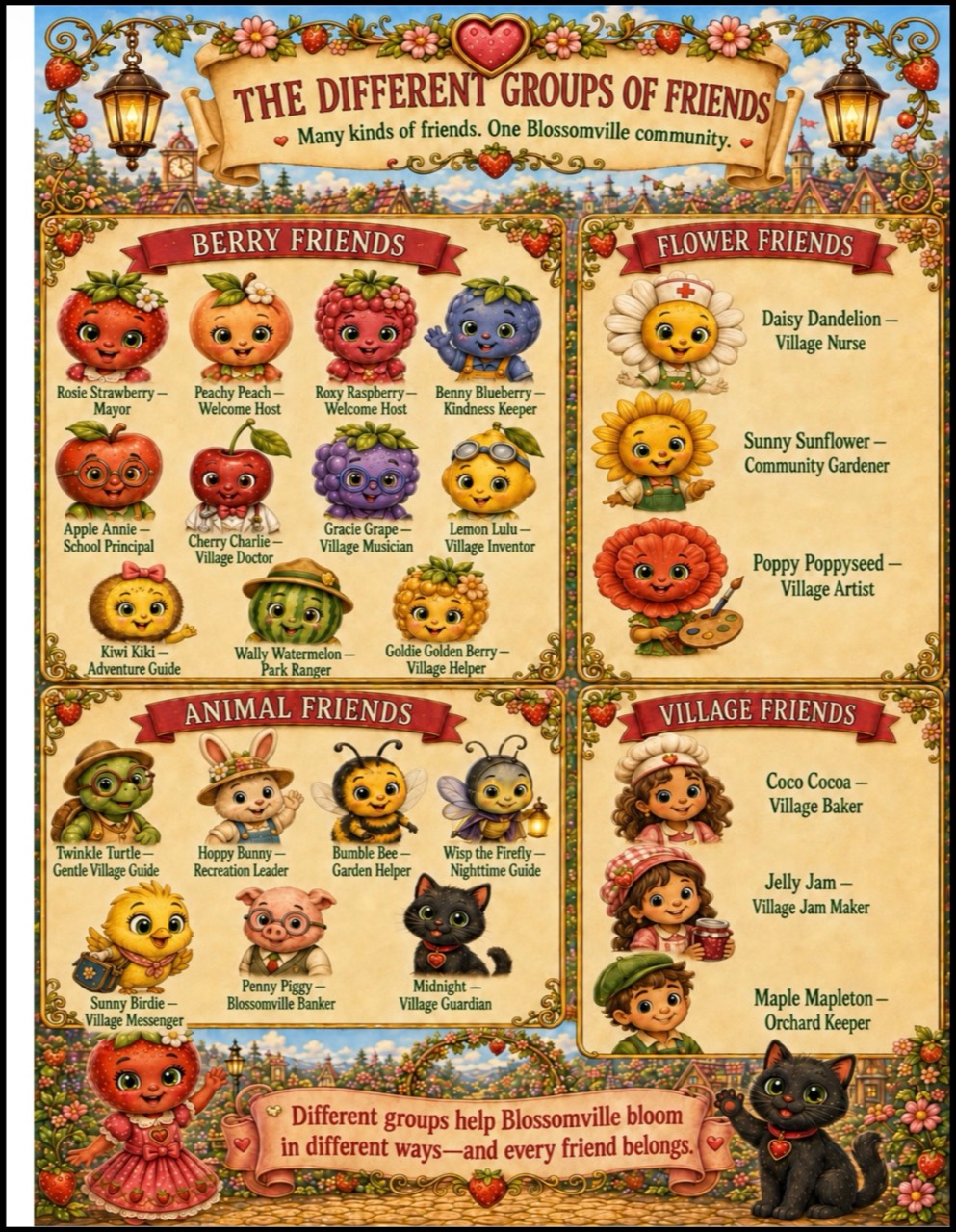 Official Berry Blossom Village guide showing all 24 characters in the Berry Friends, Flower Friends, Animal Friends, and Village Friends groups.